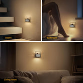 Wall-mounted light fixture in various settings: stairs, bathroom, and living room.